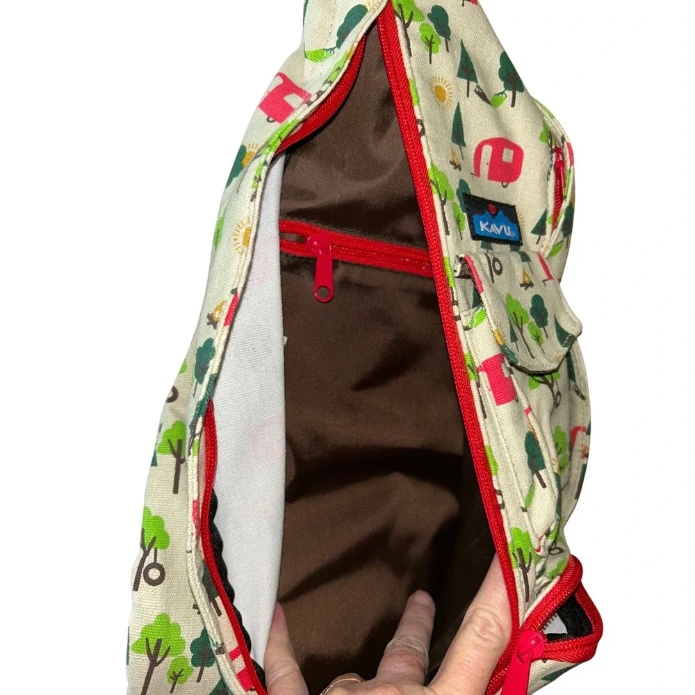 KAVU Rope Bag Sling‎ Backpack Camping Trailer Print Canvas Tan Red Green